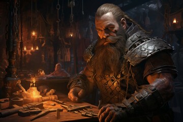 Fototapeta premium A dwarven blacksmith, renowned for skill in crafting legendary weapons and armor. - Generative AI