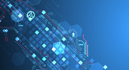 Abstract circuit board and hexagons on gradient color background. Hi-tech digital technology concept.
