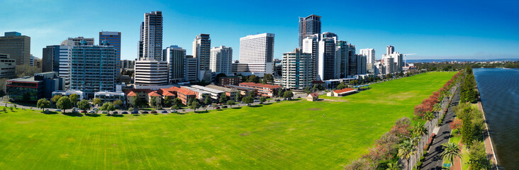 Perth, Australia - September 12, 2023: Aerial city view on a beautiful day along the river