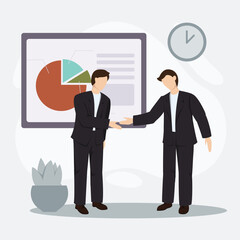Two young businessmen make a deal in front of income charts. Vector flat illustration of business concept