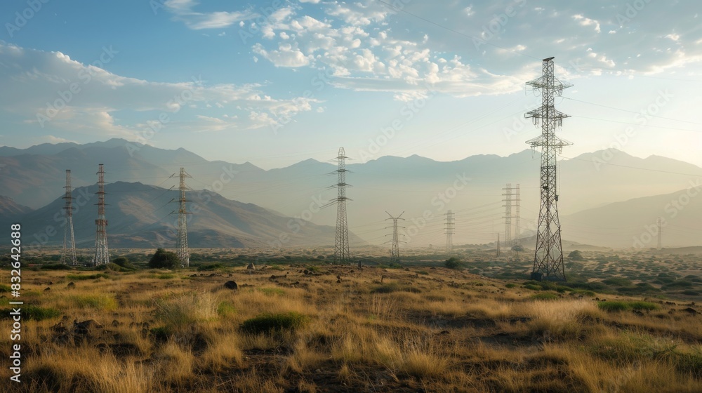 Poster a panoramic view of multiple telephone signal towers dotting the landscape, providing coverage for r