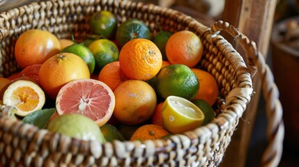 A handwoven basket bursting with an assortment of organic citrus fruits.