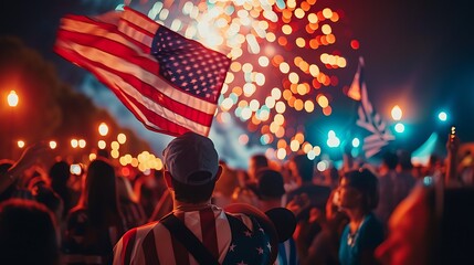The photo shows a crowd of people at a Fourth of July celebration. They are watching a fireworks display and waving American flags.