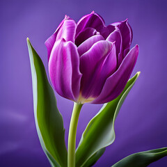 Naklejka premium inside a beautiful purple voilet tulip on a purple texture background green leaf nature flower ,generate ai