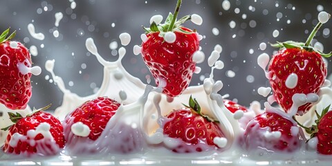 Strawberries falling into milk with splash, dynamic and fresh, highquality stock photo, closeup, isolated on white background