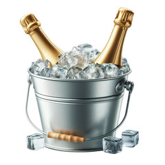 A metal ice bucket filled with ice and two champagne bottles sticking out on a transparent background