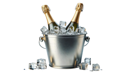 A metal ice bucket filled with ice and two champagne bottles sticking out on a transparent background. The bottles have gold foil on the necks and are positioned at an angle