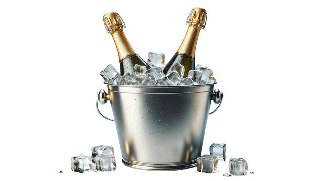 A metal ice bucket filled with ice and two champagne bottles sticking out on a transparent background. The bottles have gold foil on the necks and are positioned at an angle