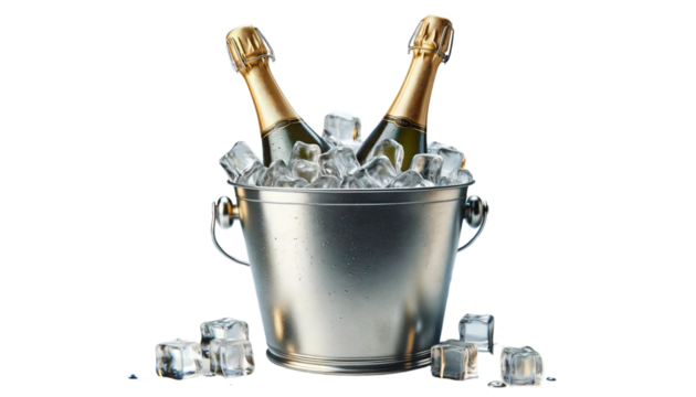 A metal ice bucket filled with ice and two champagne bottles sticking out on a transparent background. The bottles have gold foil on the necks and are positioned at an angle - Powered by Adobe