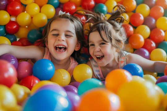 Joyful little girls playing in colorful ball pit