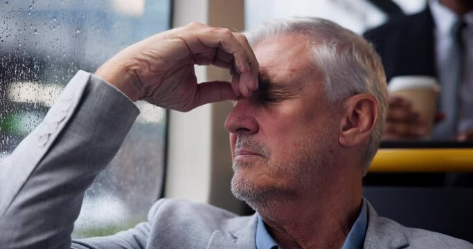 Burnout, headache or mature businessman in bus overthinking economy, crisis or inflation disaster on winter commute. Metro, rain or tired entrepreneur with stress, anxiety or startup, fail or fatigue