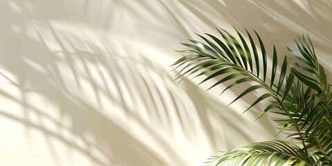A palm leaf is shown in front of a white wall with shadows from the leaves on the wall
