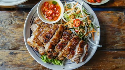 A plate of grilled pork neck served with a side of spicy papaya salad, creating a classic Thai street food combination