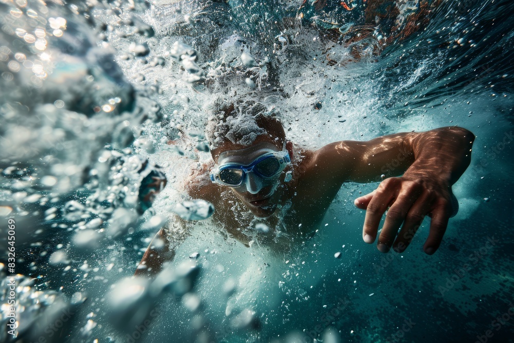 Poster underwater view of swimmer in motion during freestyle race with bubbles and goggles - perfect for sp