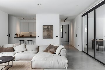 Fototapeta premium A large, blank wall in an open plan apartment interior with concrete floors and white walls, featuring a minimalist sofa and coffee table near the glass door leading to the kitchen