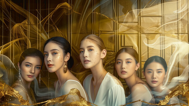 A dvertisement for 'Gold Serum', with models showcasing glowing skin against a backdrop of liquid gold 