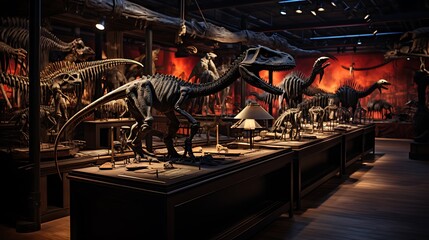 Prehistoric Dinosaur Exhibition: Skeletons posed in a natural history museum setting, informative plaques.