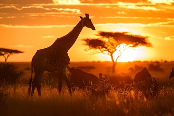 Silhouette of a Giraffe Against Sunset in Savannah. Wildlife Beauty in Nature. African Landscape in Evening Light. Generative AI