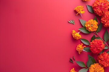 Bright orange flowers arranged on a vivid pink background. Simple elegancy. Perfect for design and art projects. Photography style. Generative AI
