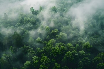 Misty Forest Aerial View Evokes Mystery and Exploration. Lush Greenery Shrouded By Fog. Ideal For Nature Backgrounds. Captured By Drone. Generative AI