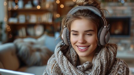 Smiling young woman enjoying music in cozy room
