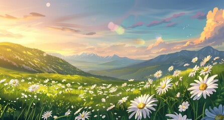 Fototapeta premium Beautiful spring landscape with daisies field on green hills under blue sky at sunset, natural summer background