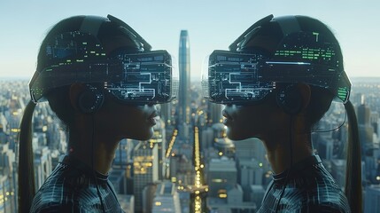 Futuristic vr headset  double exposure in metaverse, evoking state of consciousness
