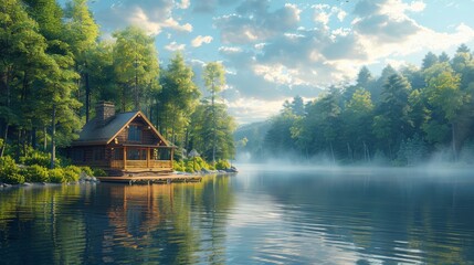 Obraz premium Serene lakeside cabin at sunrise