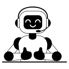 Cute robot in headphones showing thumbs up. Artificial intelligence chat bot for customer support. Vector illustration