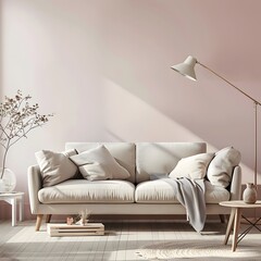 A living room with light pink walls, beige sofa and floor lamp