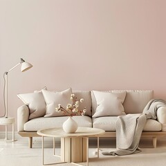A living room with light pink walls, beige sofa and floor lamp