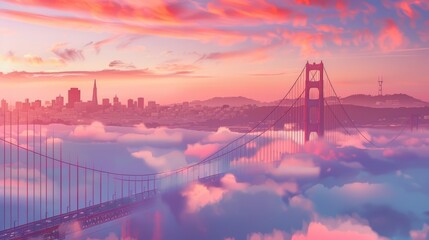 A stunning view of the Golden Gate Bridge rising through dense morning fog, with San Francisco's skyline barely visible in the background under a soft pink sky.