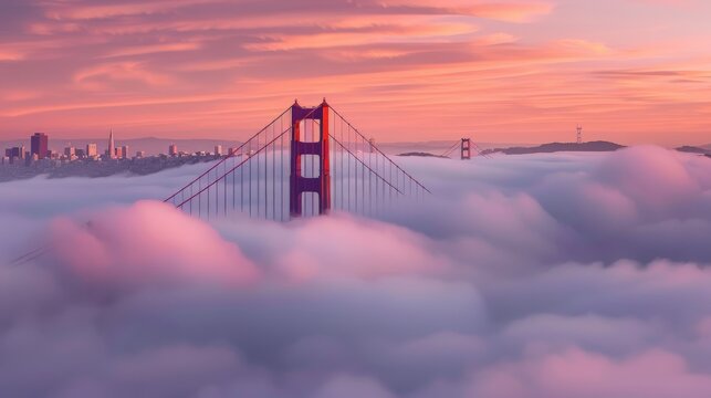 A stunning view of the Golden Gate Bridge rising through dense morning fog, with San Francisco's skyline barely visible in the background under a soft pink sky.