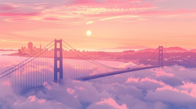 A stunning view of the Golden Gate Bridge rising through dense morning fog, with San Francisco's skyline barely visible in the background under a soft pink sky.