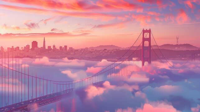 A stunning view of the Golden Gate Bridge rising through dense morning fog, with San Francisco's skyline barely visible in the background under a soft pink sky.