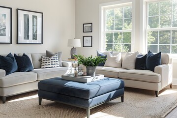 A living room with two sofas, one in grey and the other white, along with a light blue ottoman, all placed on top of beige carpeting