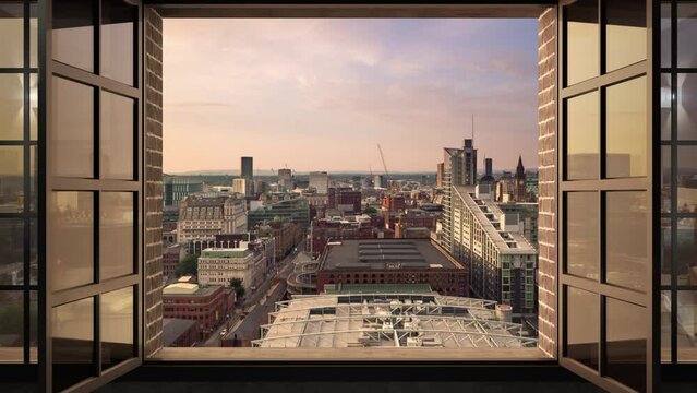 manchester city skyline aerial view timelapse day to night seen through the office window,time lapse at sunset
