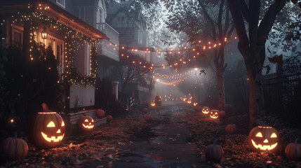 Enchanted Autumn Evening: Festive Jack-o’-Lanterns and Fairy Lights on Cobblestone Street