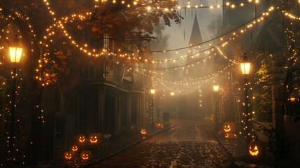 Enchanted Autumn Evening: Festive Jack-o’-Lanterns and Fairy Lights on Cobblestone Street