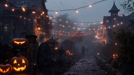 Enchanted Autumn Evening: Festive Jack-o’-Lanterns and Fairy Lights on Cobblestone Street