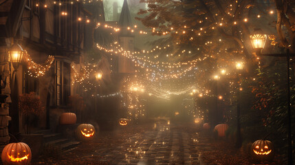 Enchanted Autumn Evening: Festive Jack-o’-Lanterns and Fairy Lights on Cobblestone Street