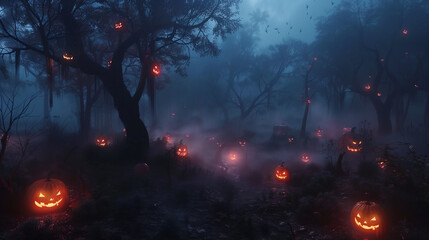 Spooky Halloween Forest with Glowing Pumpkins and Mist