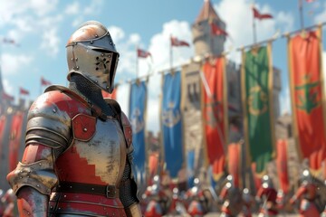 Fototapeta premium a knight in full armor is holding a sword in the midst of battle bokeh style background