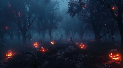 Spooky Halloween Forest with Glowing Pumpkins and Mist