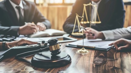 Obraz premium Two lawyers in a meeting reviewing legal documents with a gavel, scales of justice, and eyeglasses on the table, emphasizing the legal profession and justice system.