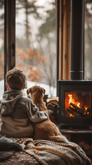A child and a dog enjoy a peaceful moment of companionship by a warm fireplace
