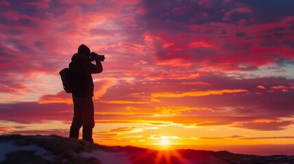 Silhouette of a photographer taking photos during a vibrant sunset