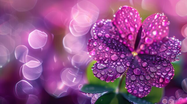 A detailed close-up of a four-leaf clover covered in tiny water droplets, set against a vibrant purple background, symbolizing luck and nature's beauty.