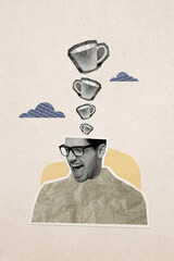 Vertical photo collage of excited happy man cut head dream coffee cup beverage pause americano...