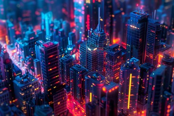 A cityscape with skyscrapers lit up in neon colors bokeh style background
